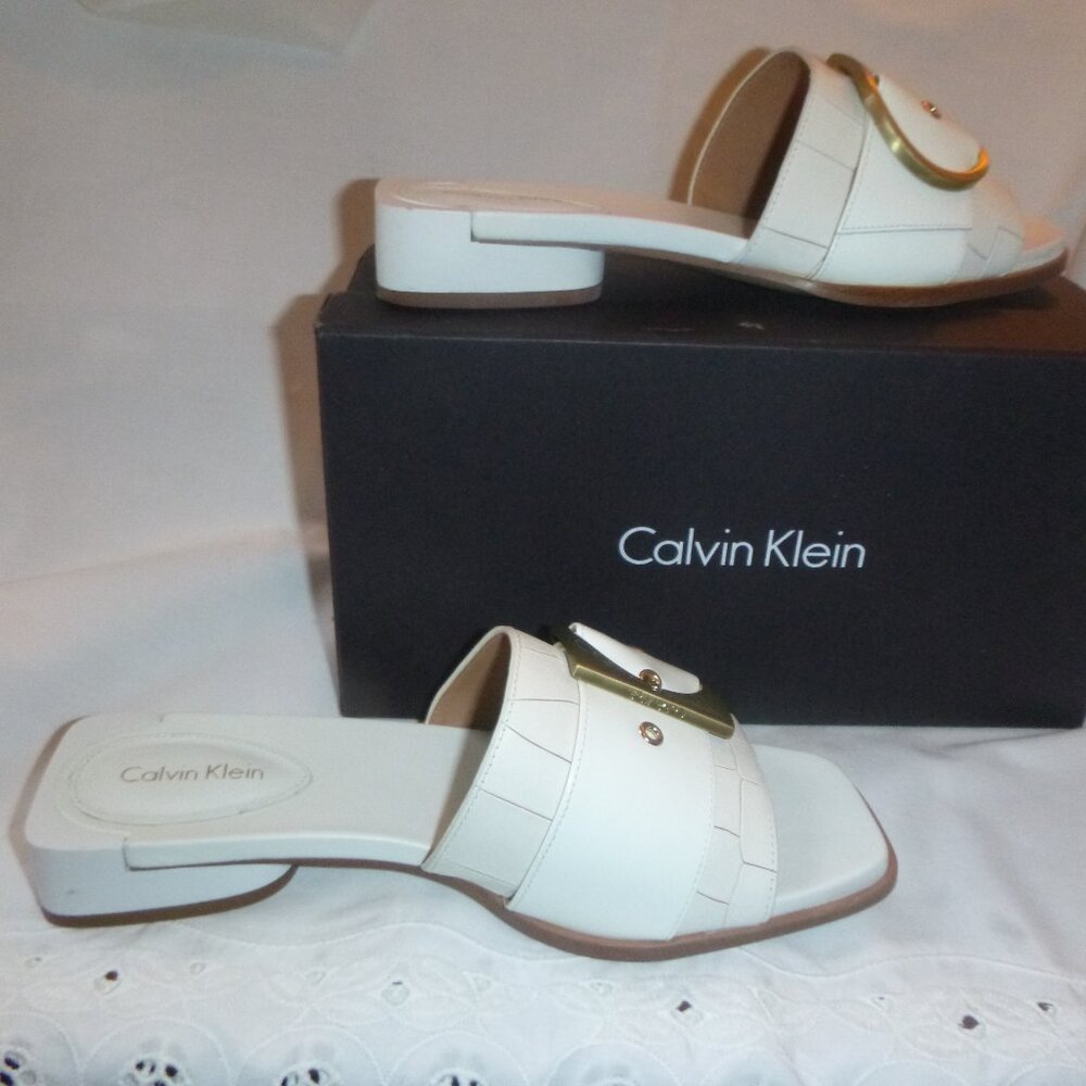 Calvin Klein - Anthea Embossed Croc Platinum White Sandals - Slip On -Sz 7.5 M